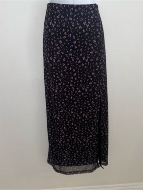 Free People Rosalie Black Midi Skirt Lavender Floral Ditsy Print Slit Medium